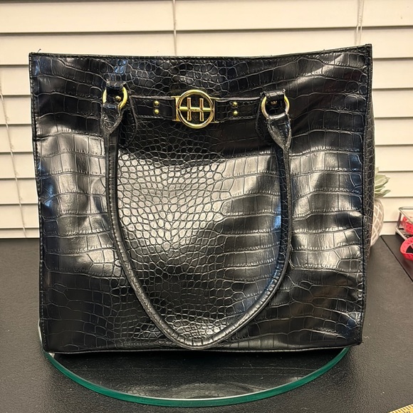 Tommy Hilfiger Handbags - Tommy Hilfiger Black Crocodile-Embossed Open Tote Bag Gold Hardware